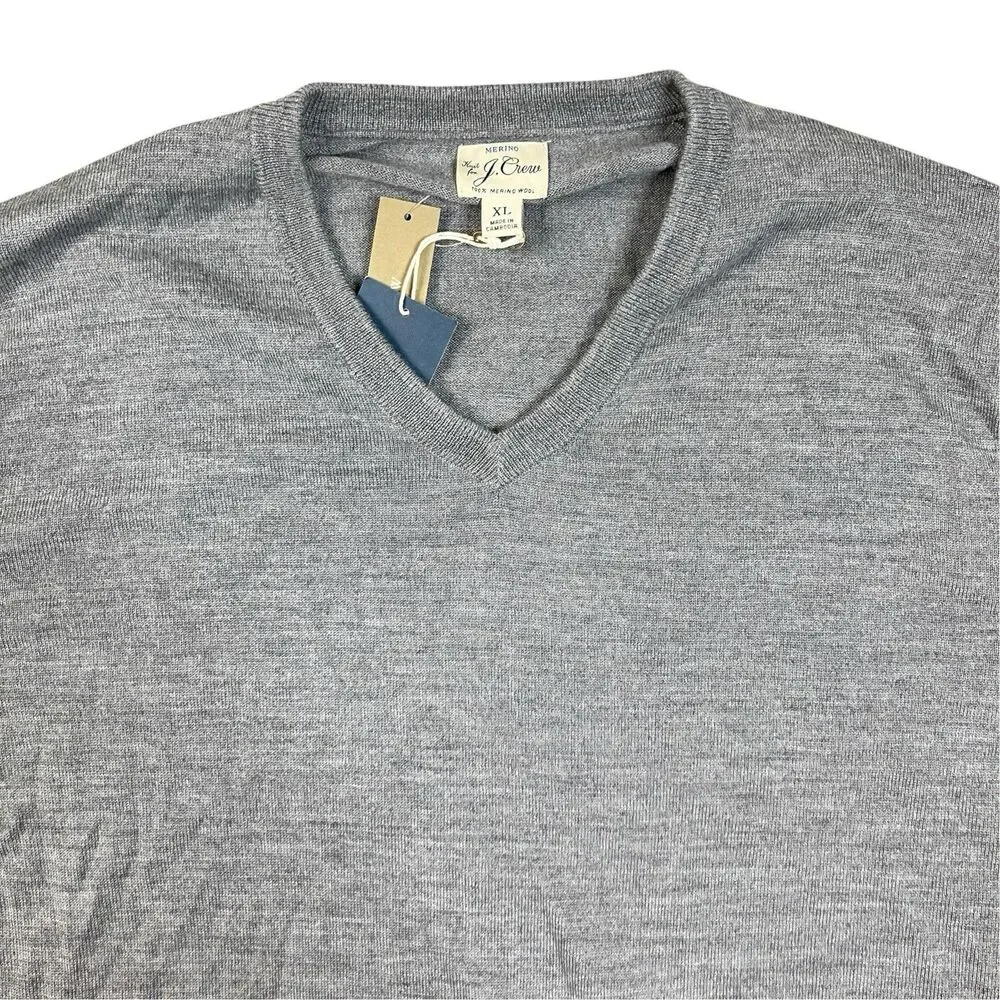 J Crew V Neck Sweater Mens XL 100% Merino Wool Gray Lightweight Preppy AD337